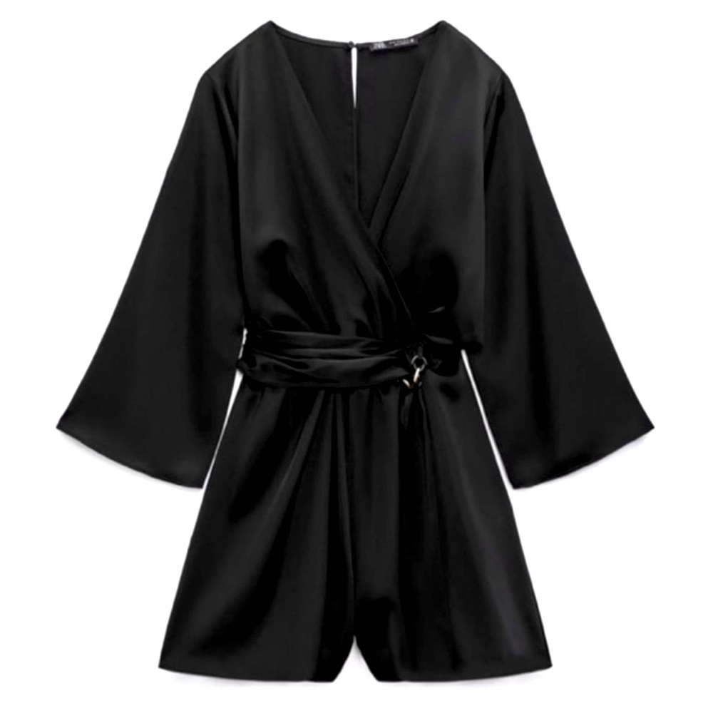 Zara Black Silk belted Romper
